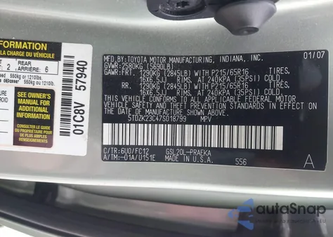 2007 Toyota Sienna Le from USA, damaged, VIN 5TDZK23C47S018799